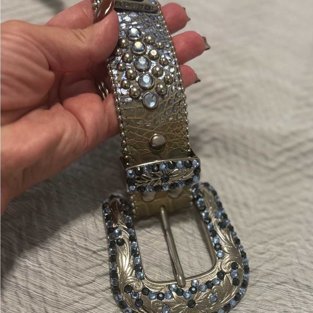 B.B. Simon Silver Belt with Blue Embellishments